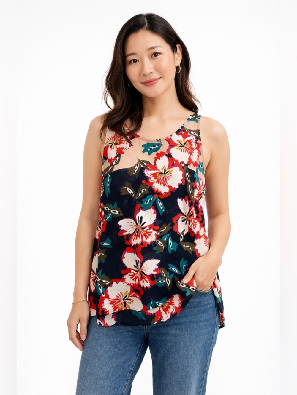 Cabi Floral Tank Top Blouse Sleeveless Flowy Summer Boho Chic Lightweight Sz L